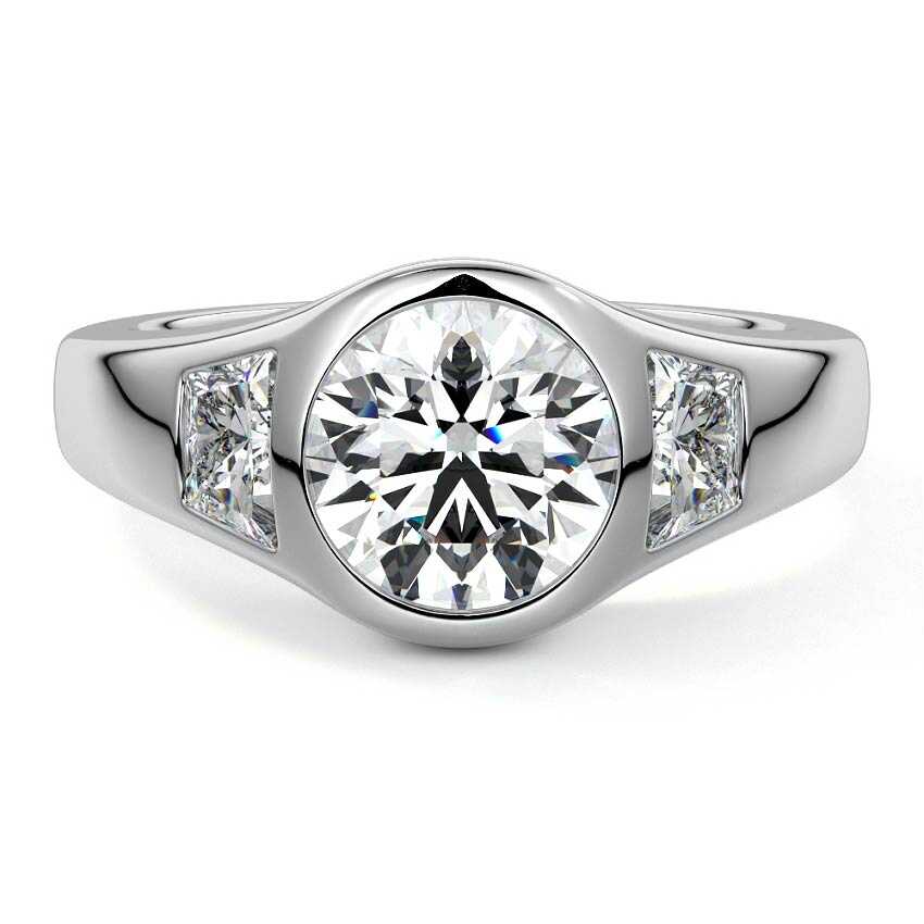 Silver Three-Stone Round Diamond Bezel Engagement Ring with Trapezoid Side Stones