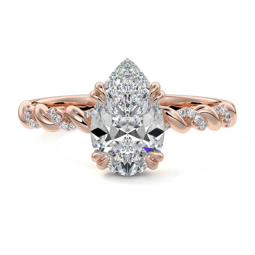 Rose gold Pear Diamond Hidden Halo Engagement Ring with Twisted Pavé Band