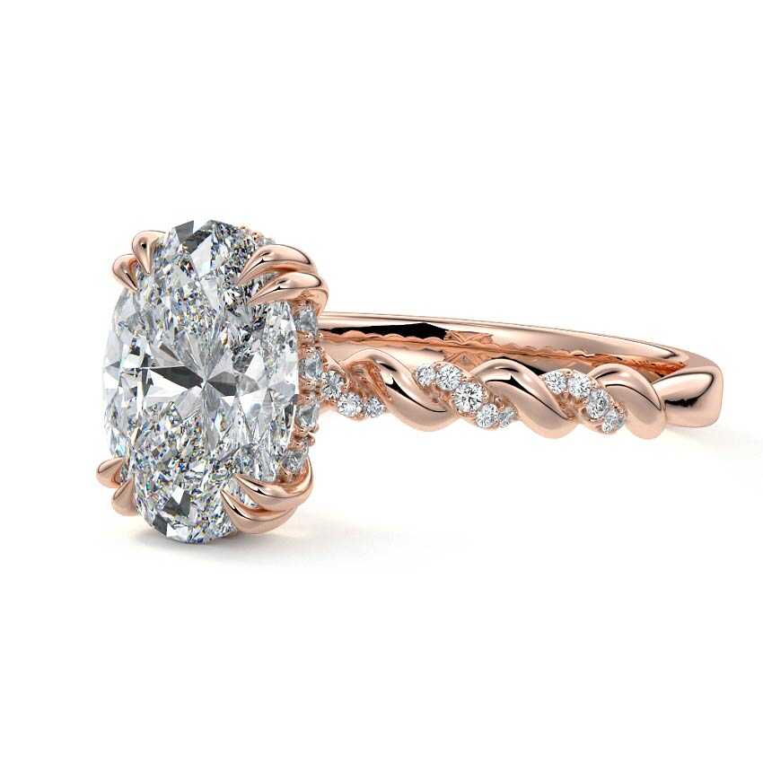 Rose gold Oval Diamond Hidden Halo Engagement Ring with Twisted Pavé Band