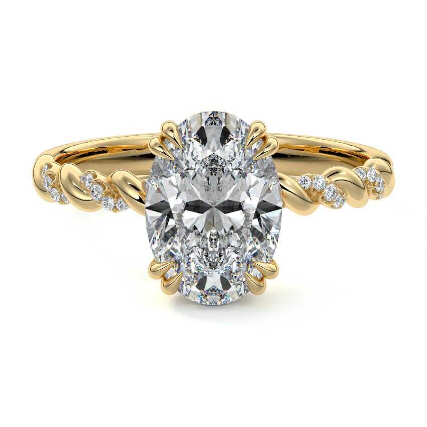 Yellow gold Oval Diamond Hidden Halo Engagement Ring with Twisted Pavé Band