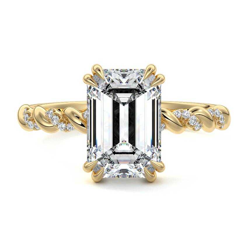 Yellow gold Emerald Diamond Hidden Halo Engagement Ring with Twisted Pavé Band