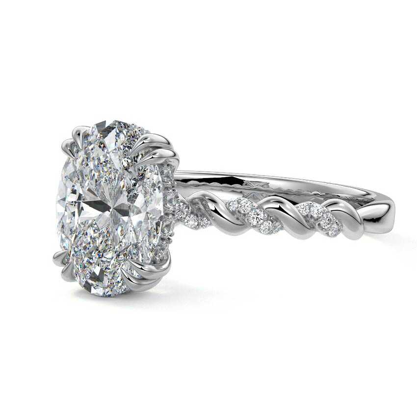 Silver Oval Diamond Hidden Halo Engagement Ring with Twisted Pavé Band