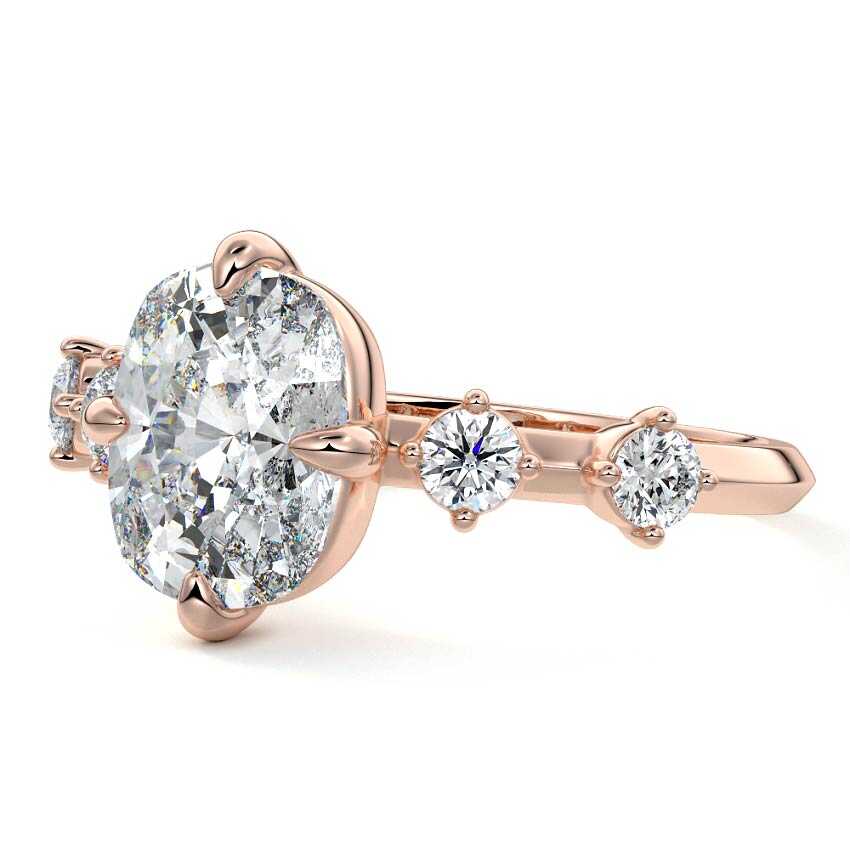 Rose gold Cushion Diamond Side Stone Ring with Round Prong Set Accents