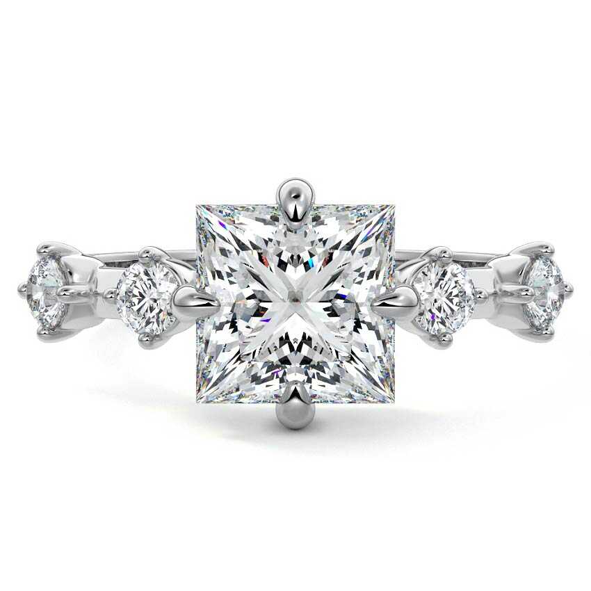 Yellow gold Princess Diamond Side Stone Ring with Round Prong Set Accents