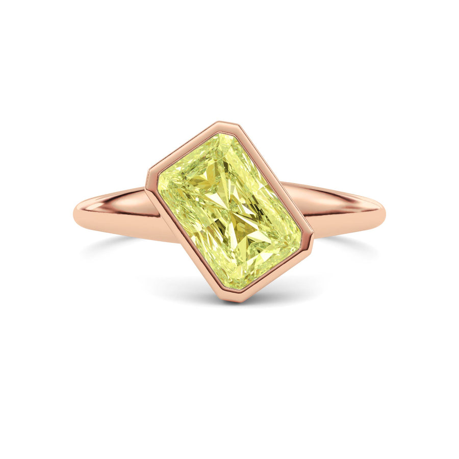 Rose gold Fancy Yellow Radiant Cut Diamond Solitaire Engagement Ring with East-West Bezel Setting