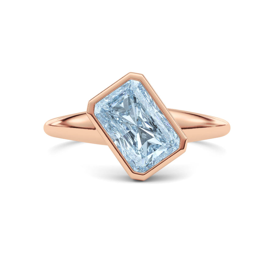 Rose gold Fancy Blue Radiant Cut Diamond Solitaire Engagement Ring with East-West Bezel Setting