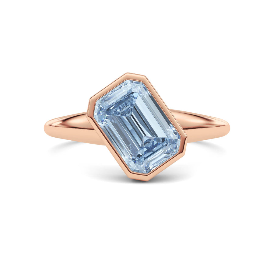 Rose gold Fancy Blue Emerald Cut Diamond Solitaire Engagement Ring with East-West Bezel Setting