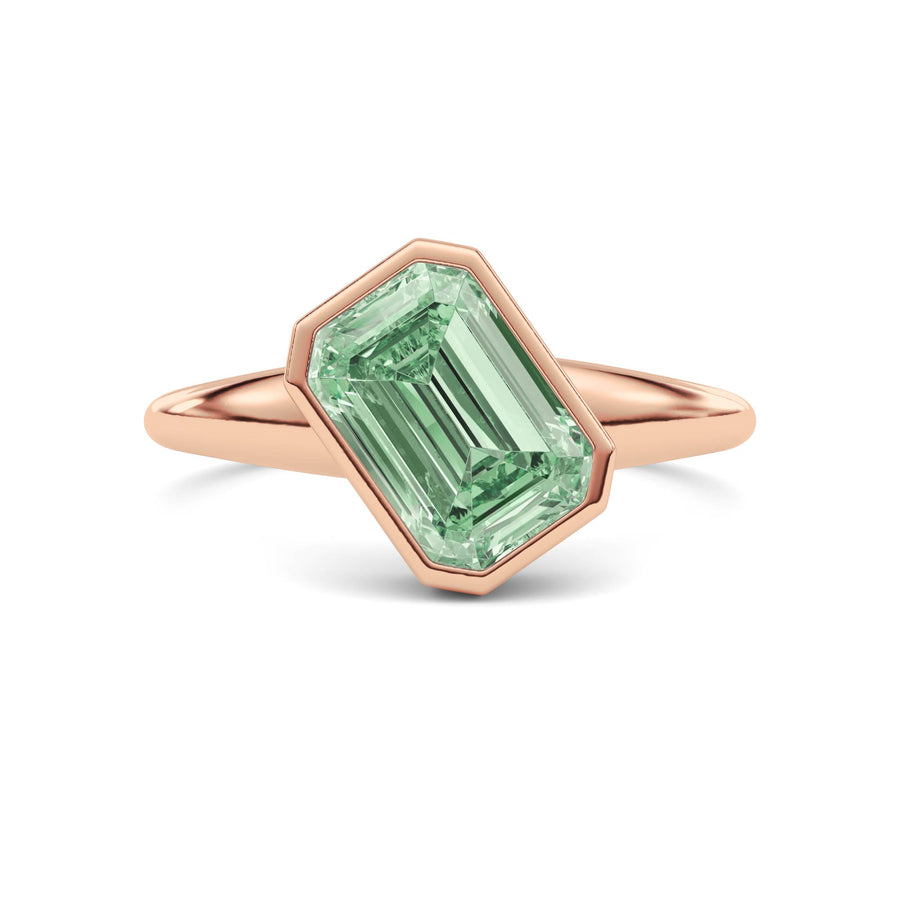 Rose gold Fancy Green Emerald Cut Diamond Solitaire Engagement Ring with East-West Bezel Setting