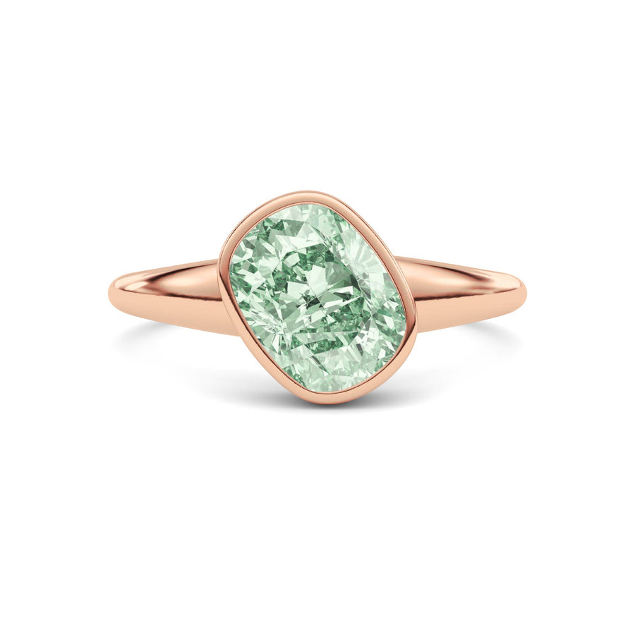 Rose gold Fancy Green Cushion Cut Diamond Solitaire Engagement Ring with East-West Bezel Setting