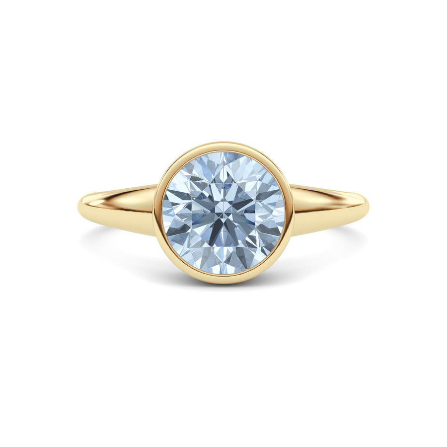 Yellow gold Fancy Blue Round Cut Diamond Solitaire Engagement Ring with East-West Bezel Setting