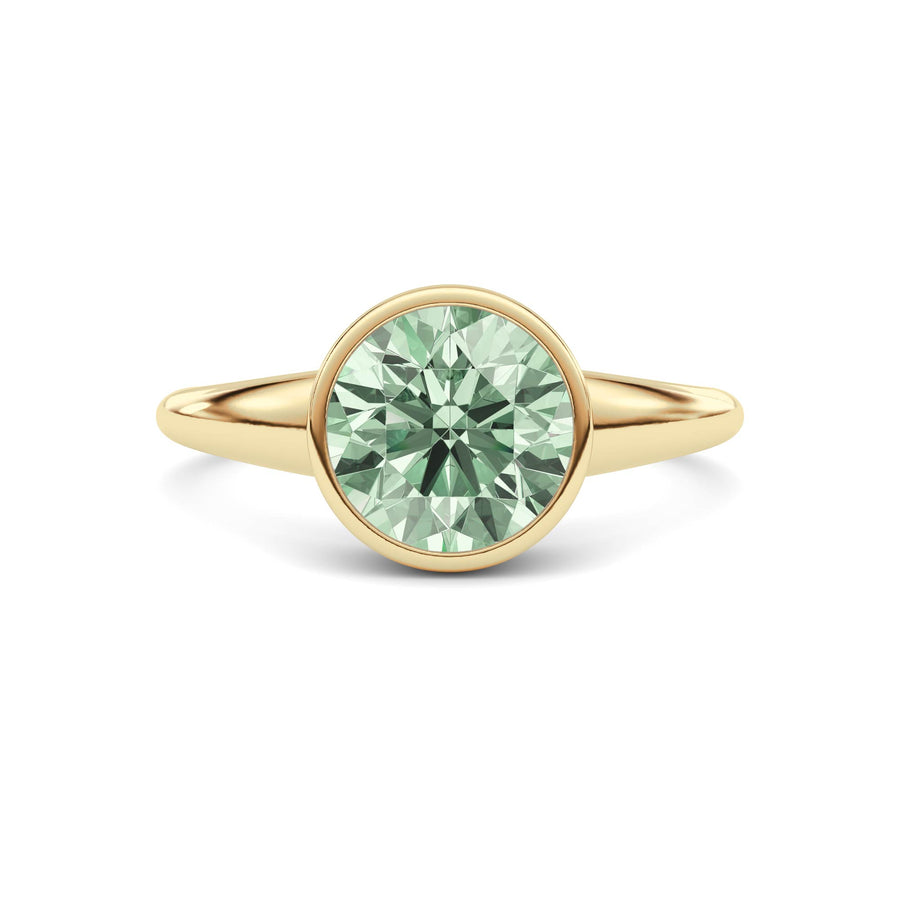 Yellow gold Fancy Green Round Cut Diamond Solitaire Engagement Ring with East-West Bezel Setting