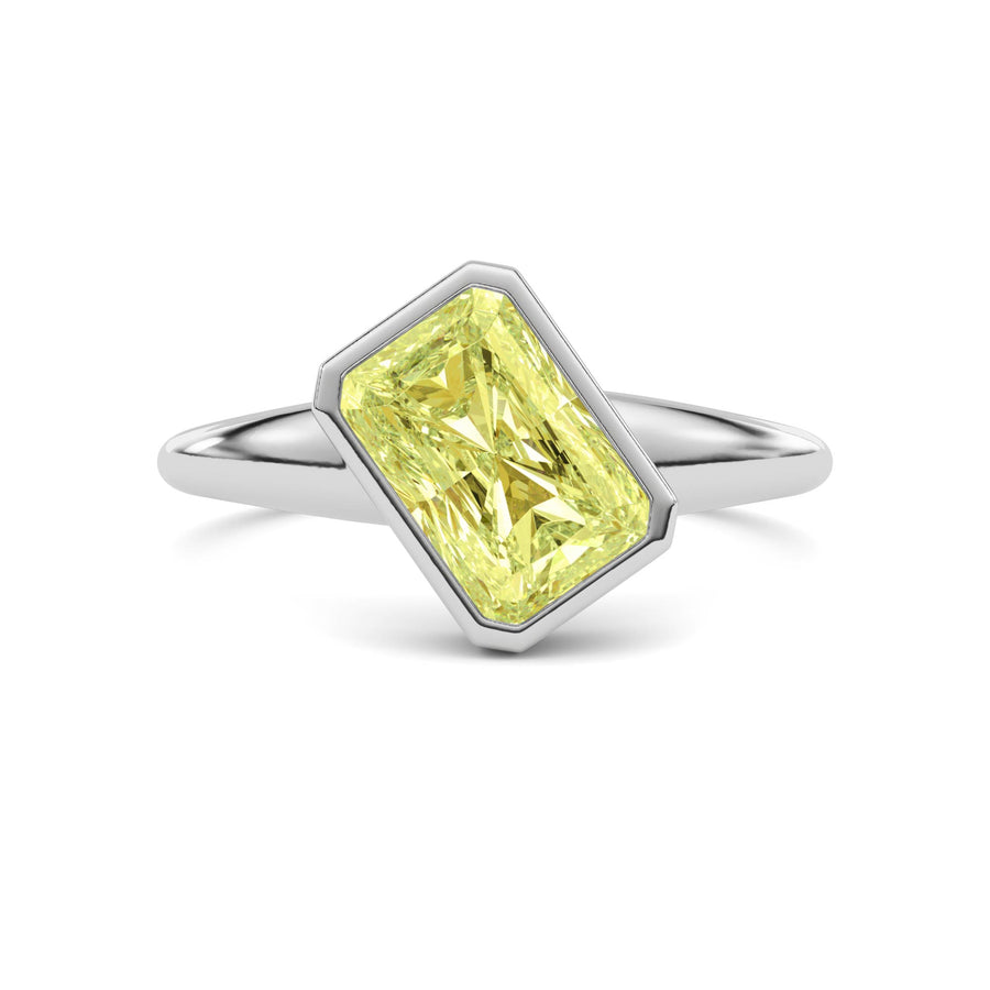 Yellow gold Fancy Yellow Radiant Cut Diamond Solitaire Engagement Ring with East-West Bezel Setting