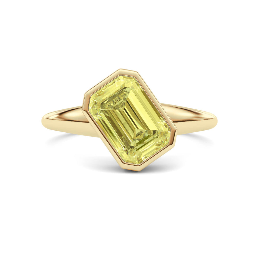 Yellow gold Fancy Yellow Emerald Cut Diamond Solitaire Engagement Ring with East-West Bezel Setting