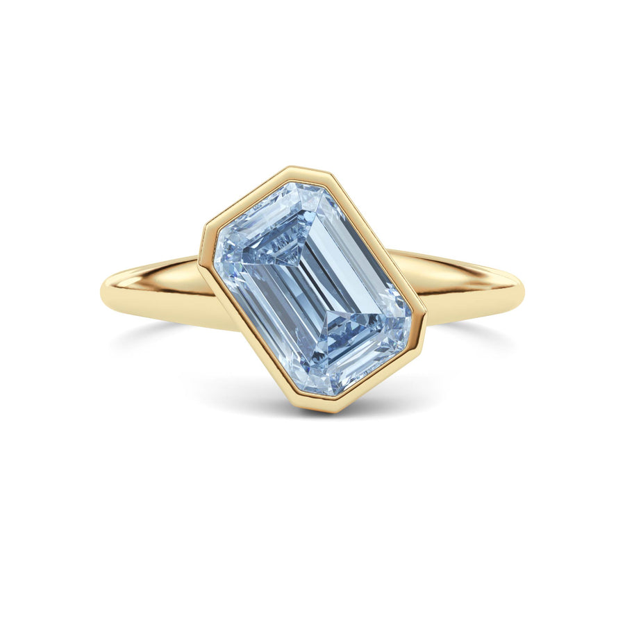 Yellow gold Fancy Blue Emerald Cut Diamond Solitaire Engagement Ring with East-West Bezel Setting
