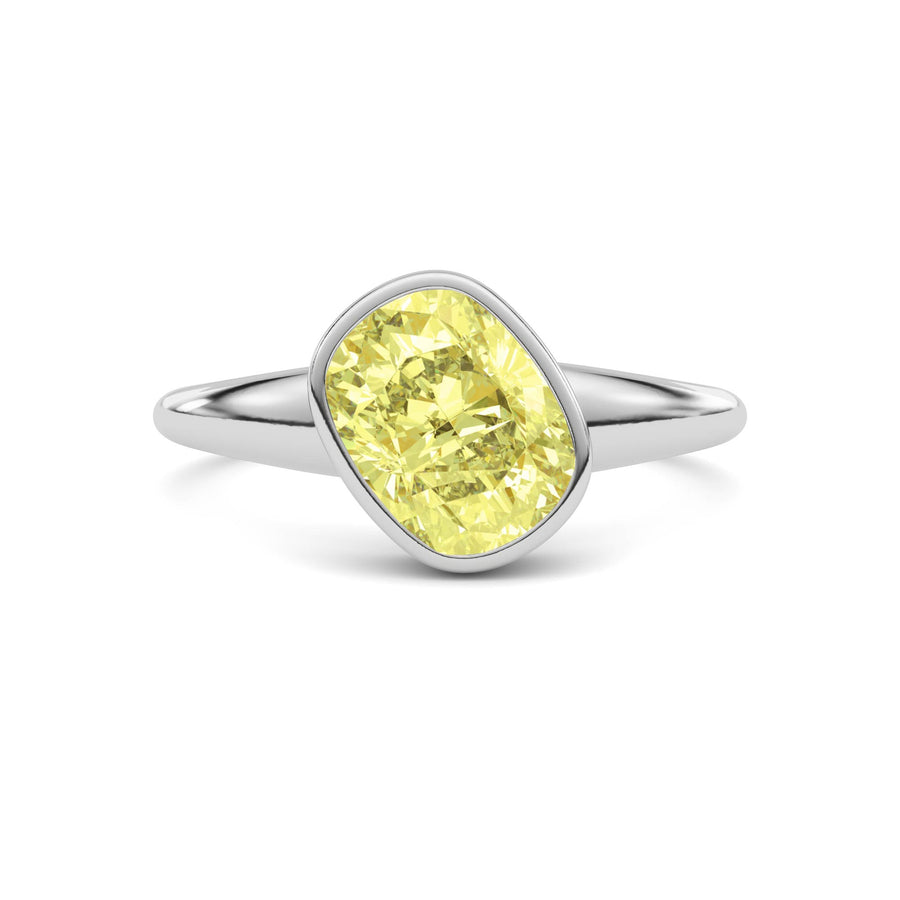 Yellow gold Fancy Yellow Cushion Cut Diamond Solitaire Engagement Ring with East-West Bezel Setting