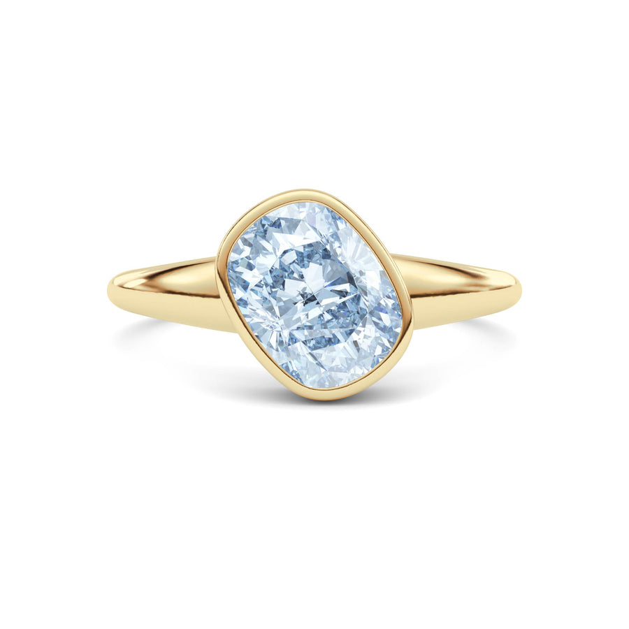 Yellow gold Fancy Blue Cushion Cut Diamond Solitaire Engagement Ring with East-West Bezel Setting
