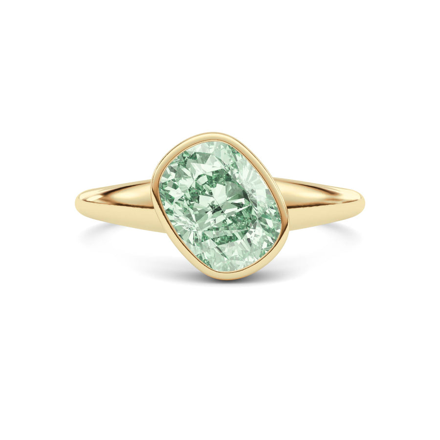 Yellow gold Fancy Green Cushion Cut Diamond Solitaire Engagement Ring with East-West Bezel Setting
