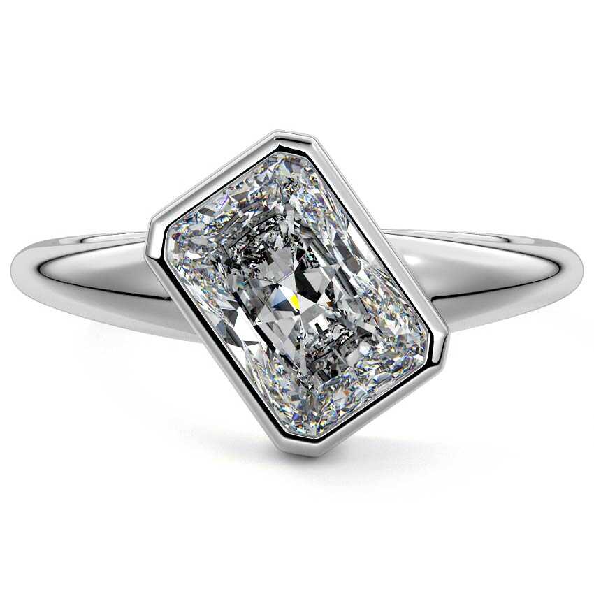 White gold Radiant Diamond Solitaire Engagement Ring with East-West Bezel Setting