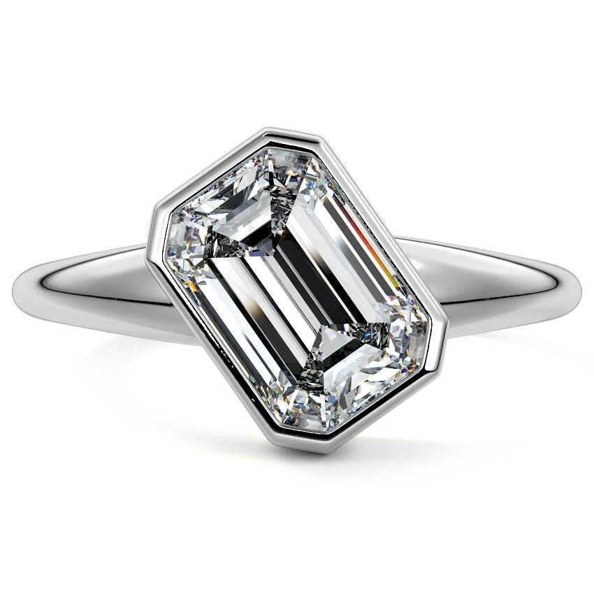 White gold Emerald Diamond Solitaire Engagement Ring with East-West Bezel Setting