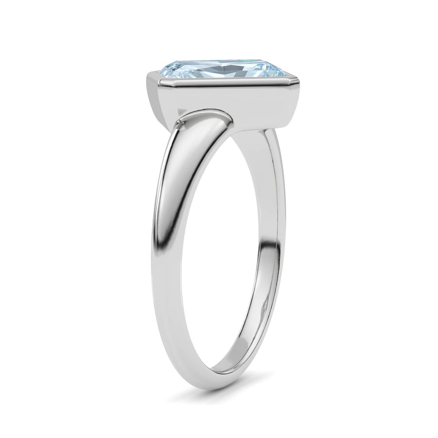 Silver Fancy Blue Radiant Cut Diamond Solitaire Engagement Ring with East-West Bezel Setting