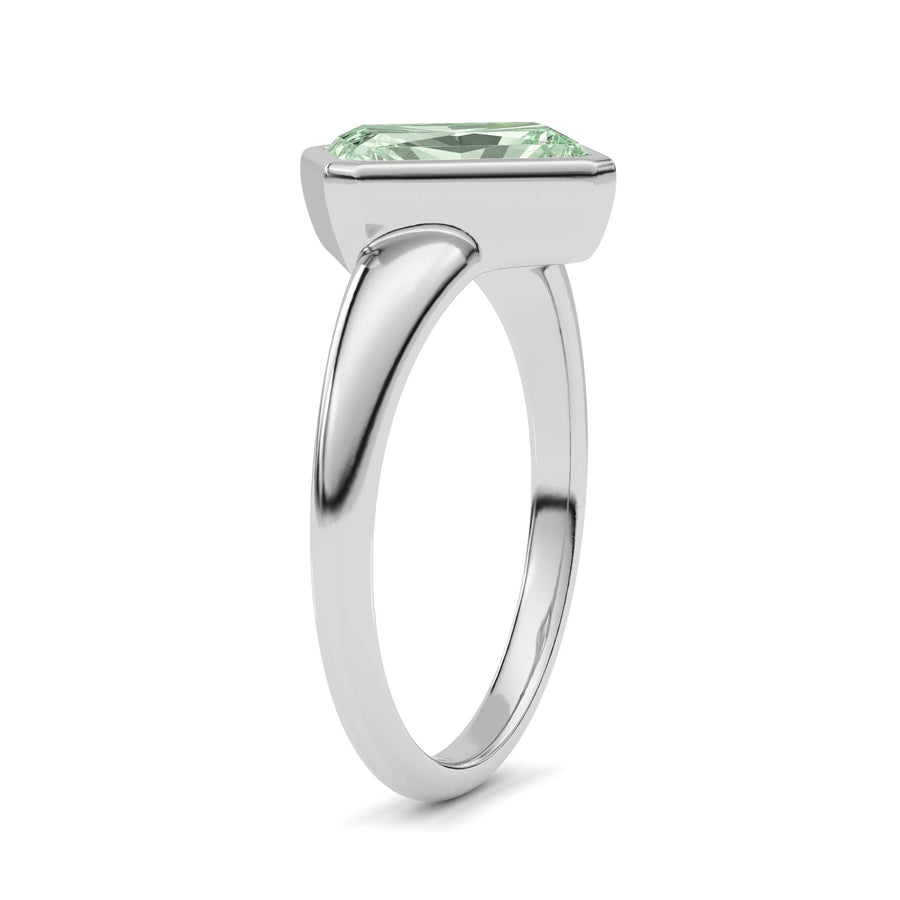 Silver Fancy Green Radiant Cut Diamond Solitaire Engagement Ring with East-West Bezel Setting