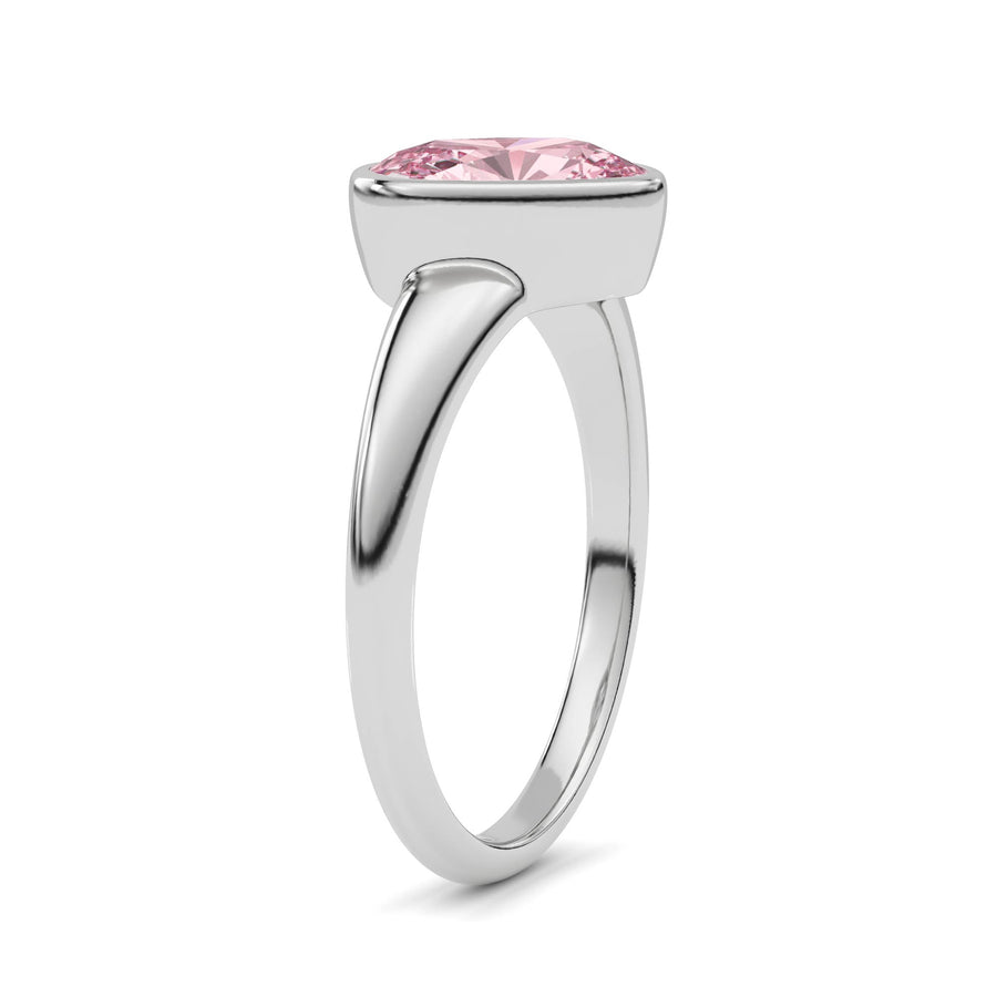 Silver Fancy Pink Cushion Cut Diamond Solitaire Engagement Ring with East-West Bezel Setting