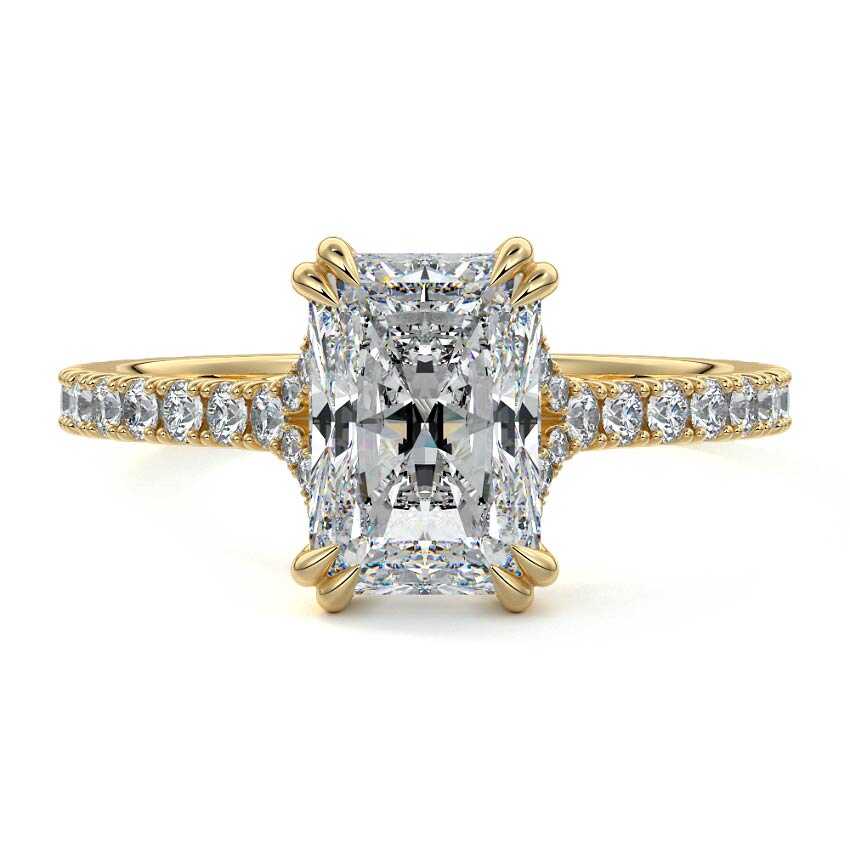 Yellow gold Radiant Diamond Engagement Ring with Double Prongs, Hidden Halo and Pavé Band