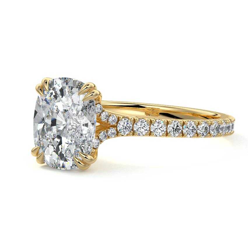 Yellow gold Cushion Diamond Engagement Ring with Double Prongs, Hidden Halo and Pavé Band