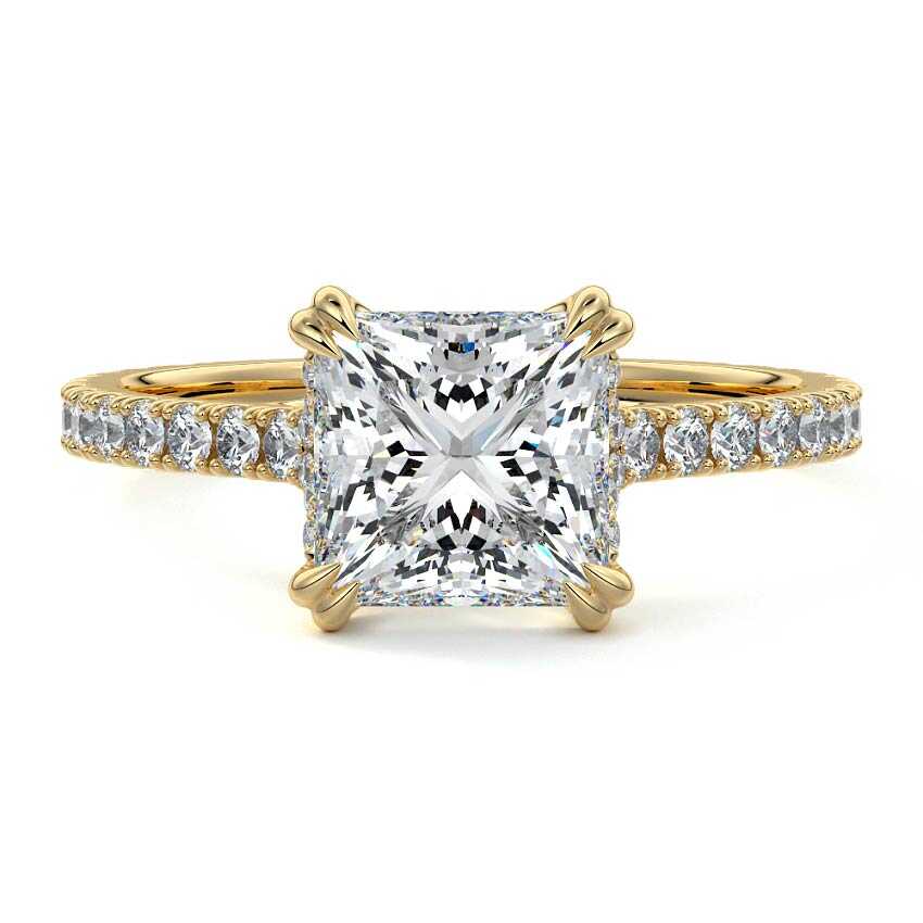Yellow gold Princess Diamond Engagement Ring with Double Prongs, Hidden Halo and Pavé Band