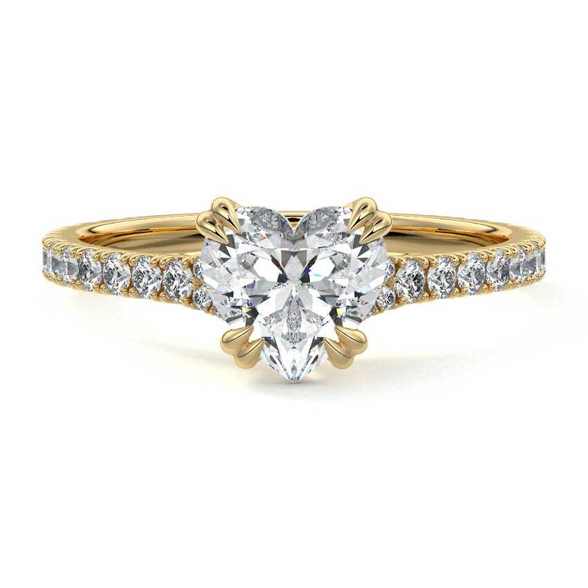 Yellow gold Heart Diamond Engagement Ring with Double Prongs, Hidden Halo and Pavé Band