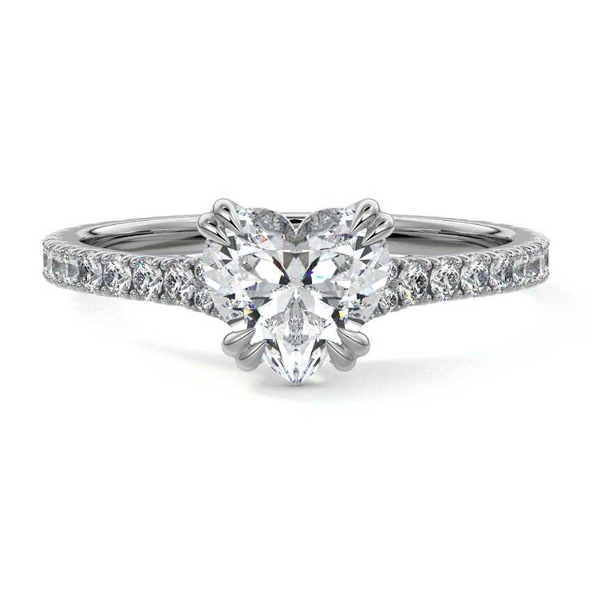 Silver Heart Diamond Engagement Ring with Double Prongs, Hidden Halo and Pavé Band
