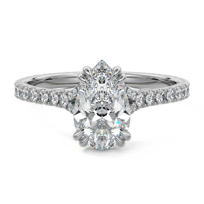 Platinum Pear Diamond Engagement Ring with Double Prongs, Hidden Halo and Pavé Band