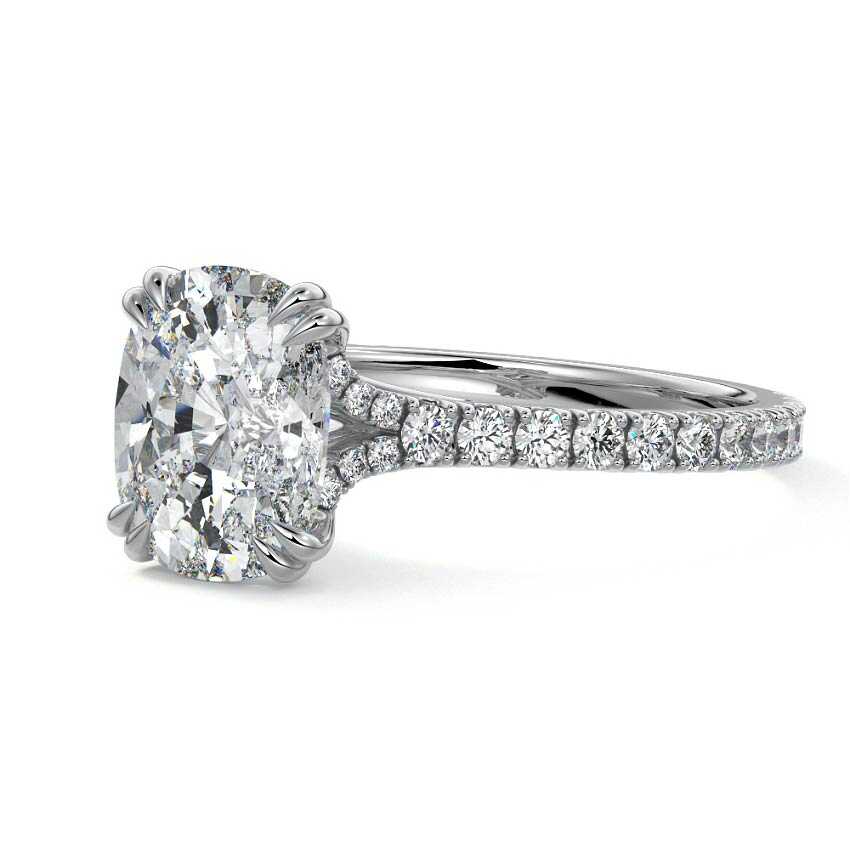 Platinum Cushion Diamond Engagement Ring with Double Prongs, Hidden Halo and Pavé Band