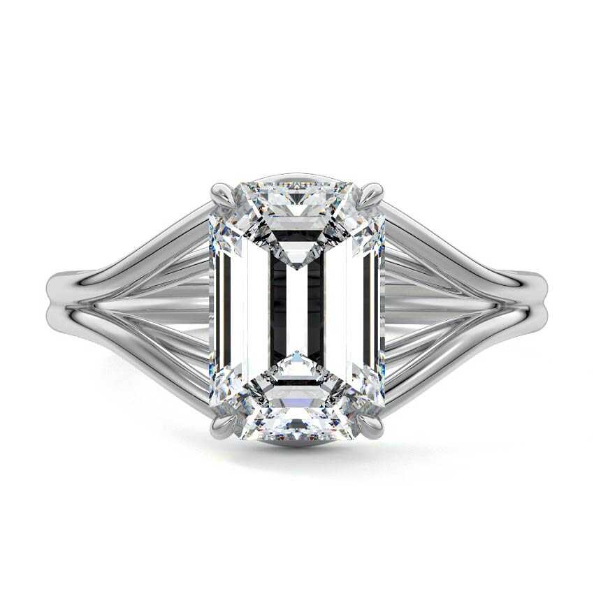 Silver Emerald Diamond Solitaire Engagement Ring with Multi-Row Split Shank