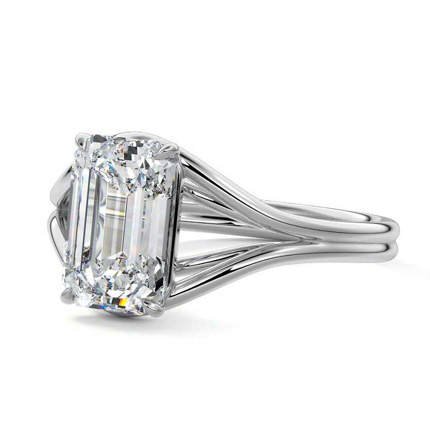 Silver Emerald Diamond Solitaire Engagement Ring with Multi-Row Split Shank
