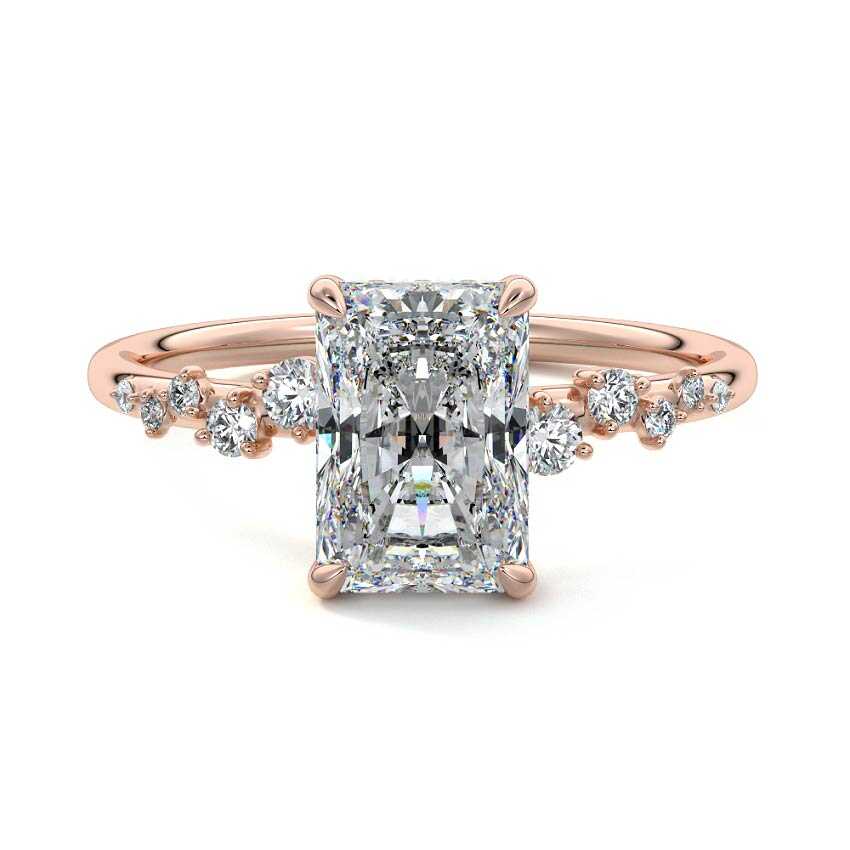 Rose gold Radiant Diamond Side Stone Engagement Ring with Hidden Halo and Cluster Accents