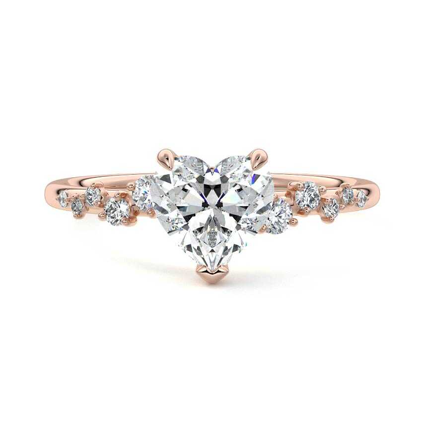 Rose gold Heart Diamond Side Stone Engagement Ring with Hidden Halo and Cluster Accents