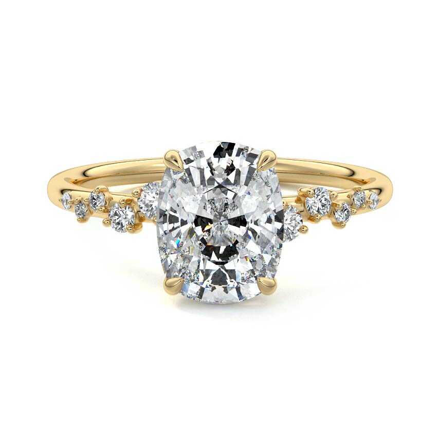 Yellow gold Cushion Diamond Side Stone Engagement Ring with Hidden Halo and Cluster Accents