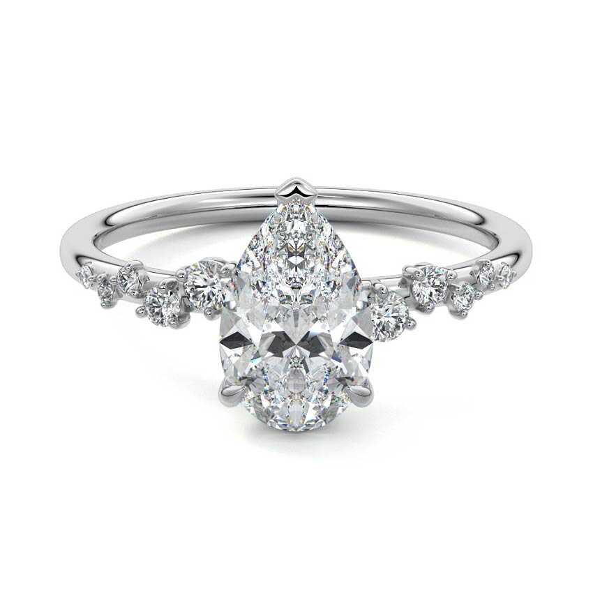 White gold Pear Diamond Side Stone Engagement Ring with Hidden Halo and Cluster Accents