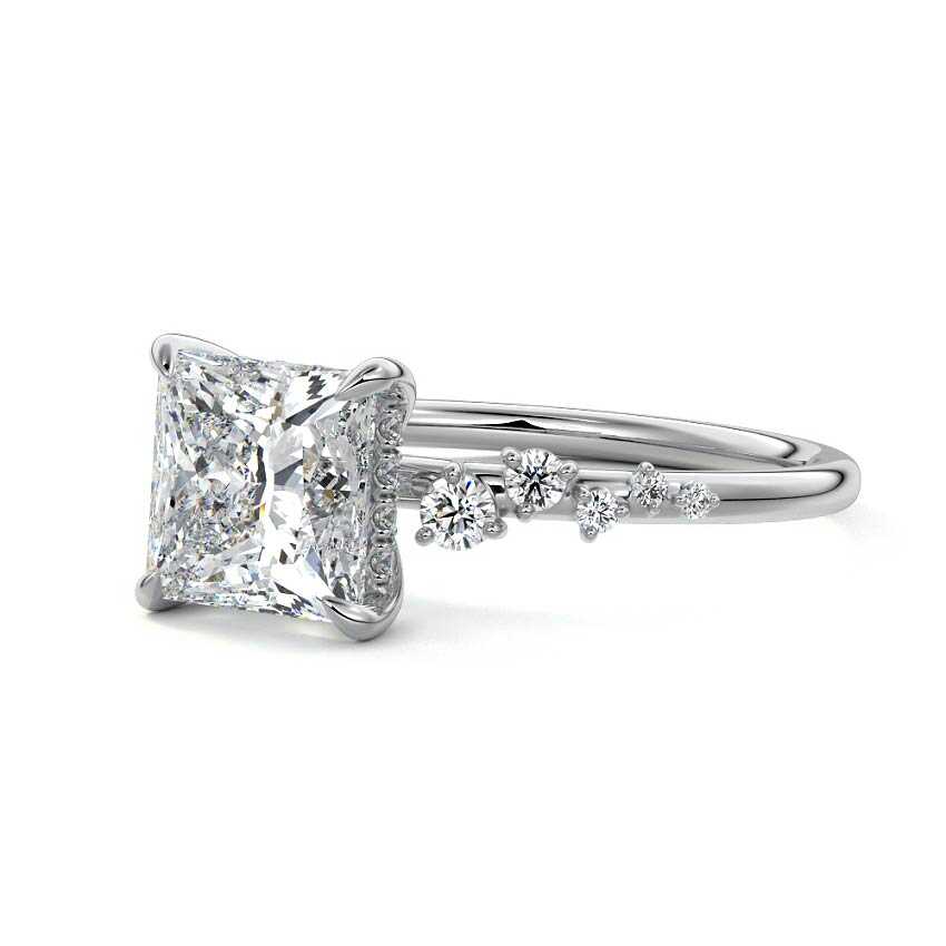 White gold Princess Diamond Side Stone Engagement Ring with Hidden Halo and Cluster Accents