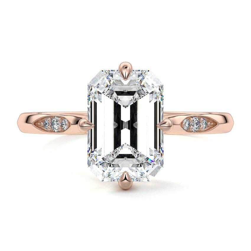 Rose gold Emerald Diamond Side Stone Ring with Flush Set Round Accents in Prong Setting