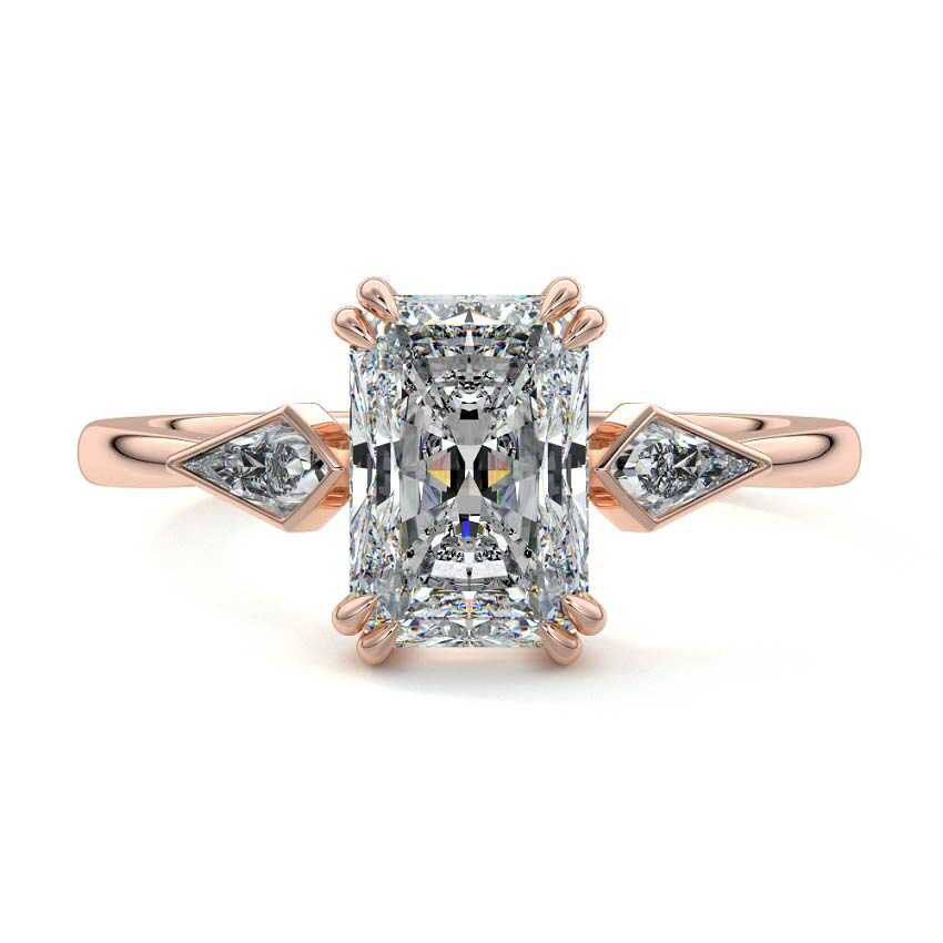 Rose gold Three-Stone Radiant Diamond Engagement Ring with Kite Side Stones