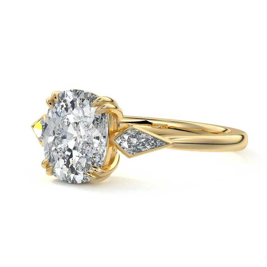 Yellow gold Three-Stone Cushion Diamond Engagement Ring with Kite Side Stones