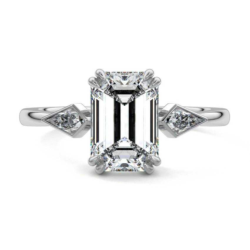 Silver Three-Stone Emerald Diamond Engagement Ring with Kite Side Stones