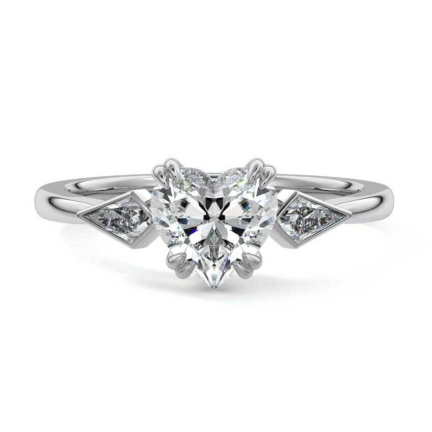 Silver Three-Stone Heart Diamond Engagement Ring with Kite Side Stones