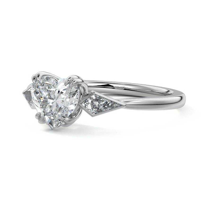 Silver Three-Stone Heart Diamond Engagement Ring with Kite Side Stones