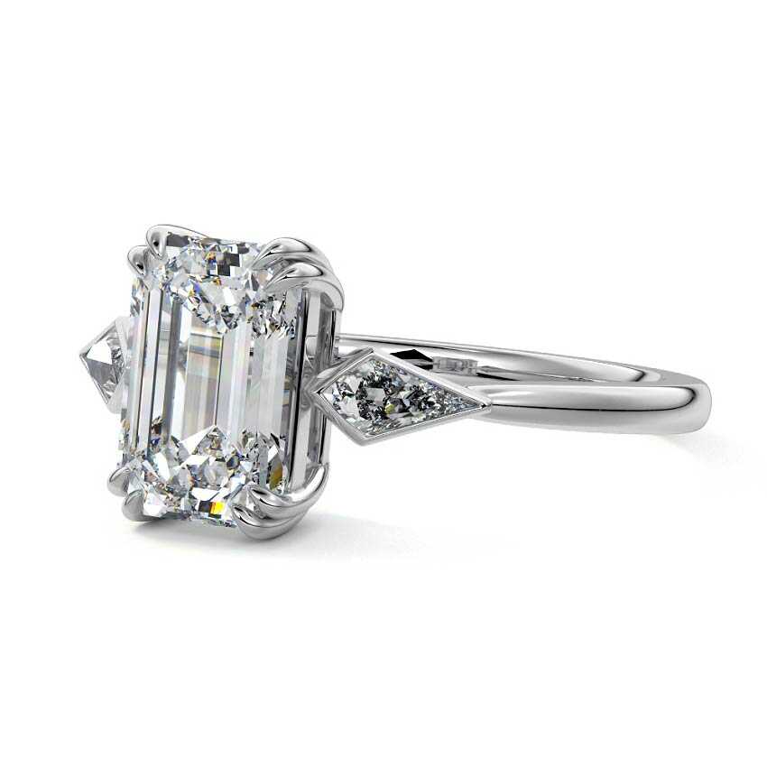 Platinum Three-Stone Emerald Diamond Engagement Ring with Kite Side Stones