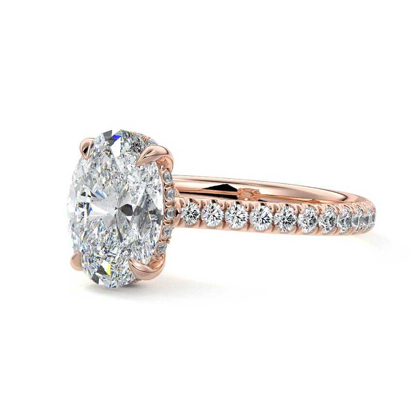 Rose gold Oval Diamond Hidden Halo Engagement Ring with Pavé Band