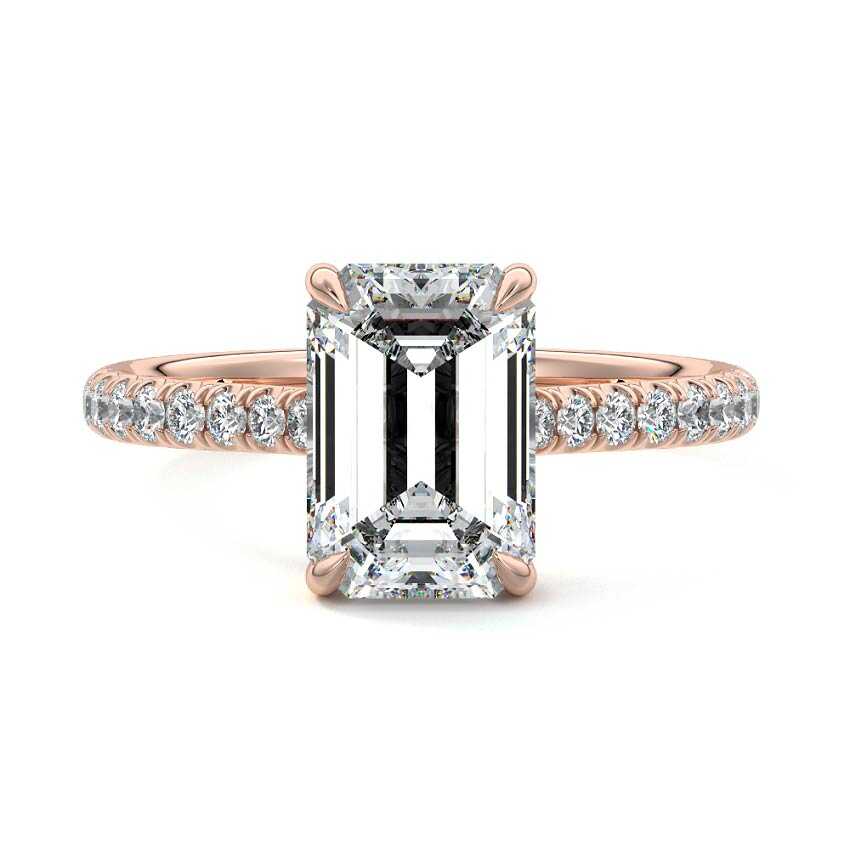 Rose gold Emerald Diamond Hidden Halo Engagement Ring with Pavé Band
