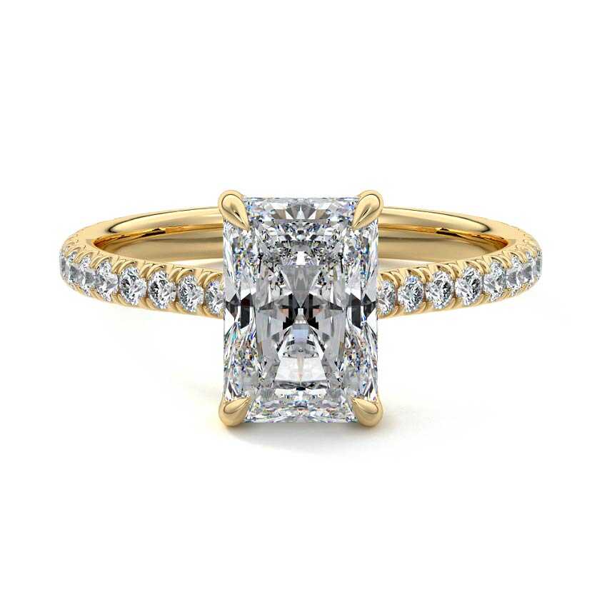 Yellow gold Radiant Diamond Hidden Halo Engagement Ring with Pavé Band
